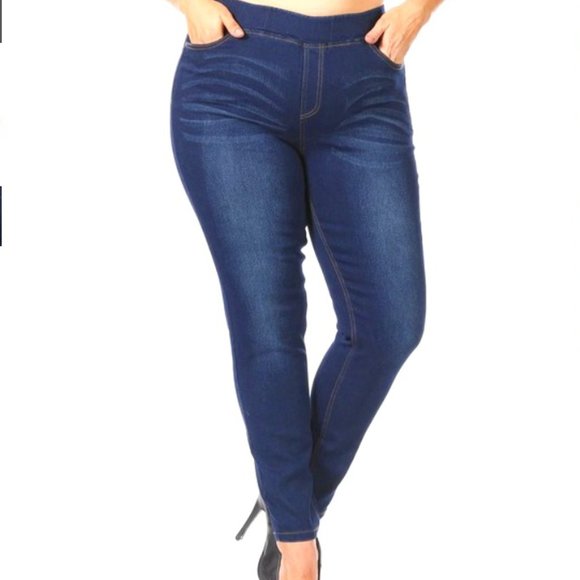 High Waist Skinny Denim Jeggings - Plus (1X, 2X, 3X) – Dark Navy - Picture 1 of 3